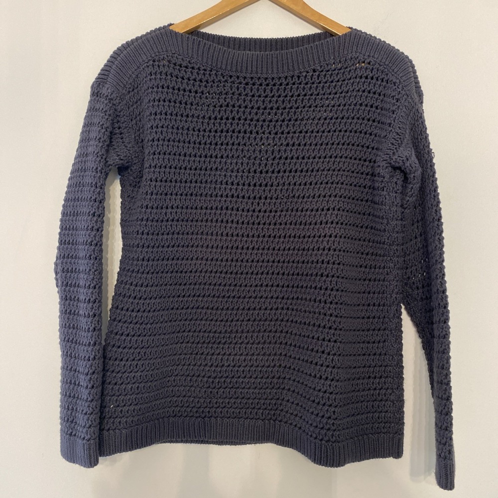 LOFT Womens Open Knit Crochet Sweater Navy Blue Size Small Lightweight Boat Neck